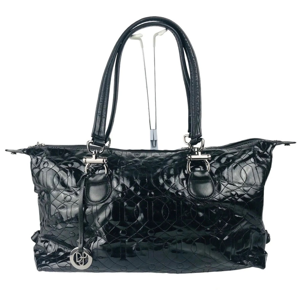 DONALD J PLINER BLACK PATENT LEATHER QUILTED LOGO LARGE SATCHEL HANDBAG